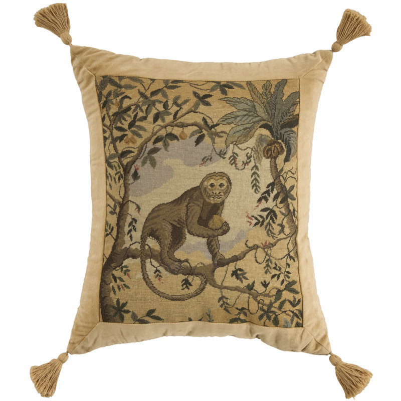 Mina Victory Vintage Pillow Monkey On Branch Taupe Indoor Throw Pillow, Monkey On Branch, 21"H x 24"W