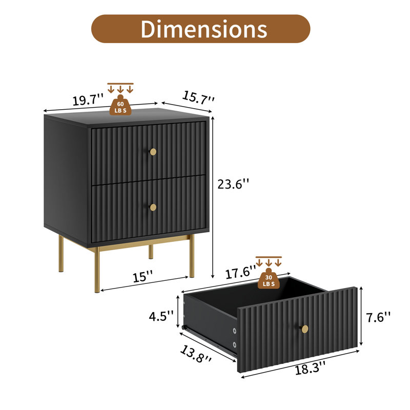 Table de chevet avec 2 tiroirs, Noir