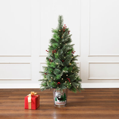 Sapin de Noël artificiel vert 4 pi pré-éclairé en pot avec décorations de baies