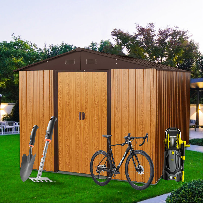 Remise de rangement en métal 8 pi x 10 pi avec base, structure en fer galvanisé café, évents perforés pour la ventilation, porte coulissante cadenassable, remise extérieure facile à assembler, construction robuste, intégrée