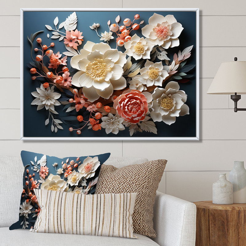 Art asiatique, fleurs éternelles I - impression, Cadre flottant blanc, H 16 po x l 32 po x P 1 po