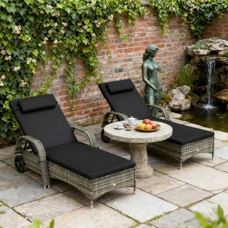 Chaises longues inclinables pour la détente en extérieur, mobilité sur roulettes, coussins épais, cinq positions, style tropical, piscine avec roulettes, fonctionnalités, angles, confort et construction
