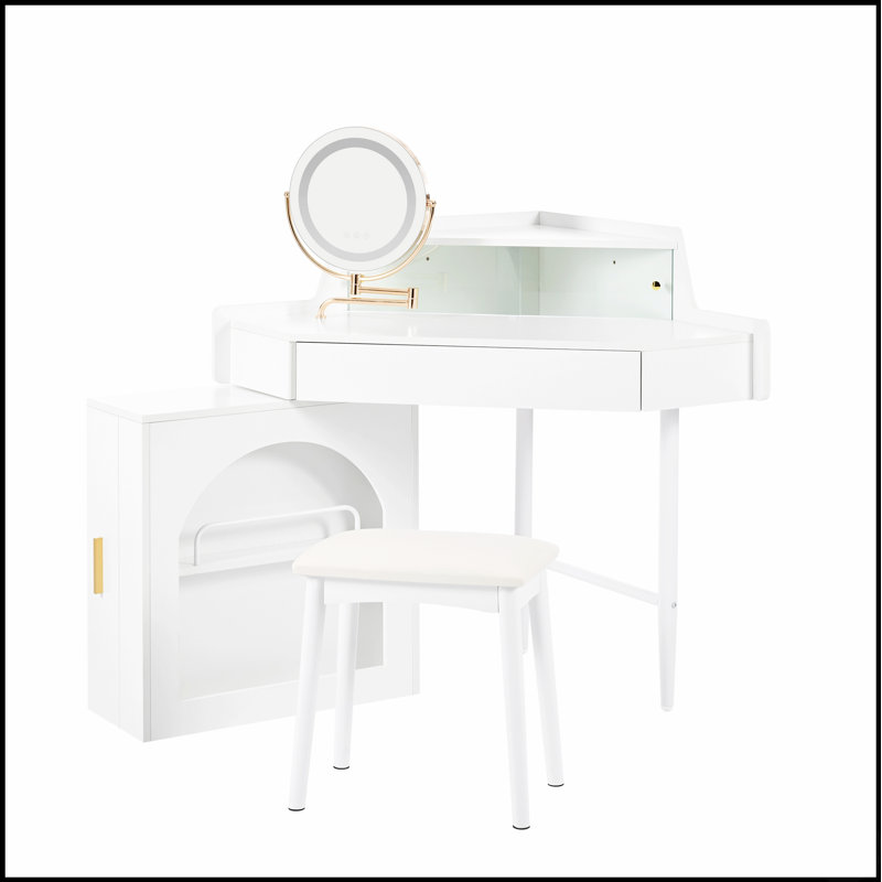Corner Makeup Vanity Desk With LED Lights, Adjustable Mirror, And Large Storage For Small Spaces