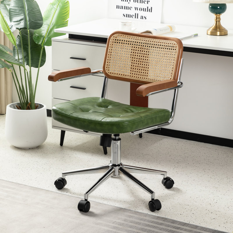 Rattan Back Mid-Century Swivel Office Chair with Wheels & Armrests, Green