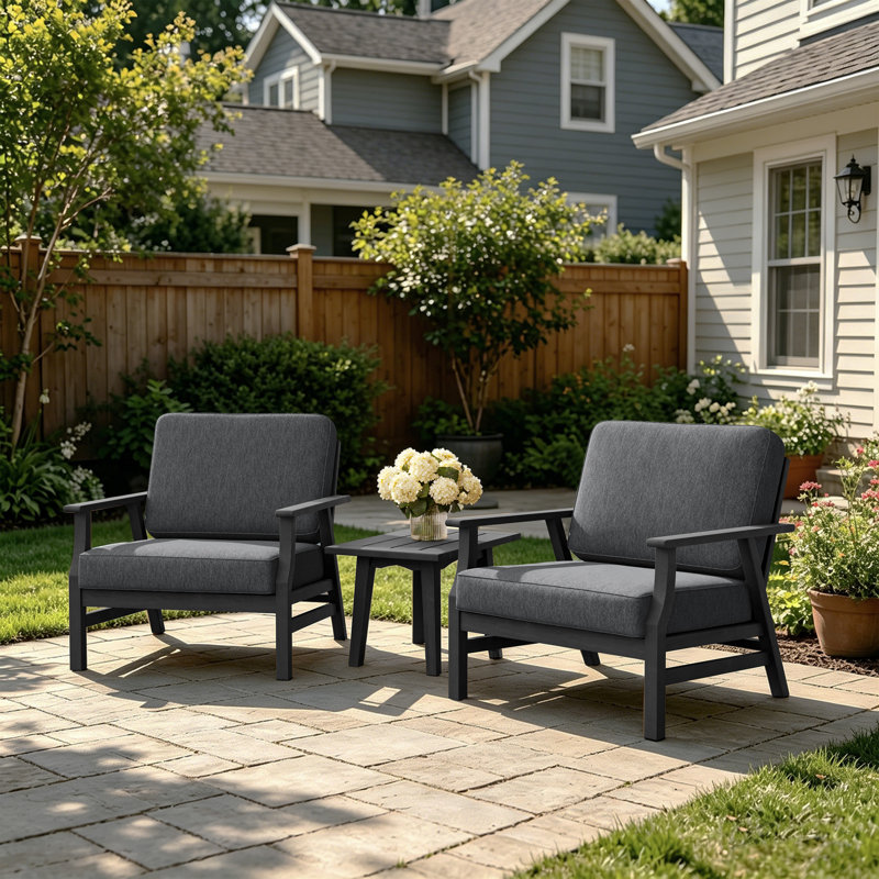 Shweta Solid Wood Outdoor Three Pieces Chair Conversation Seating Group With Cushions And Side Table, Dark Gray, Black