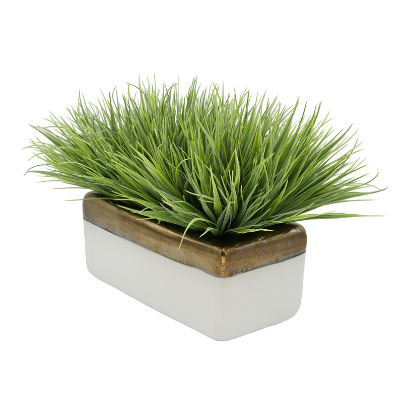 Herbe artificielle en pot de fleurs, Doré / Blanc, Vert pâle, H 13 po x L 20 po x P 13 po