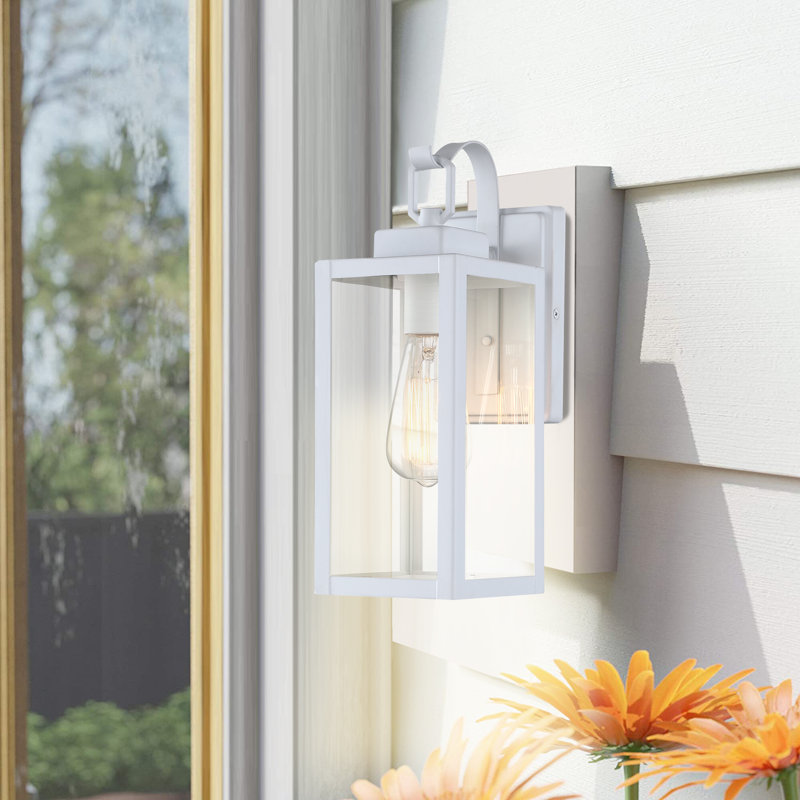 Schlesinger Outdoor Rectangular Clear Glass Shade Wall Light, White, 13.75" H x 5" W x 5" D