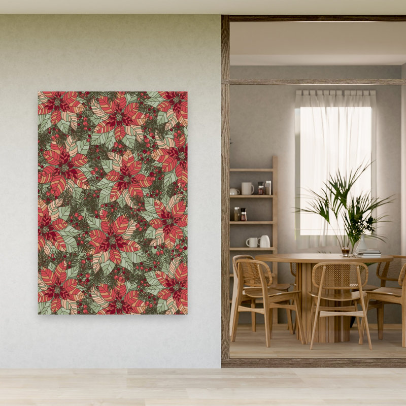 Festive Poinsettia Pattern Classic Abstract Pine Poinsettia Nature Winter Wall Art Print 1 Piece Wrapped Canvas Wall Art