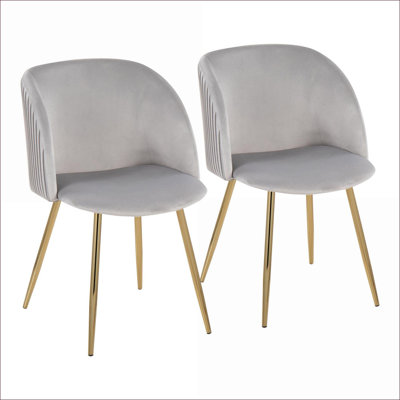 LumiSource Set of 2 Pleated Contemporary Dining Chairs, Matte Silver Velvet Upholstery with Gold Tapered Metal Legs