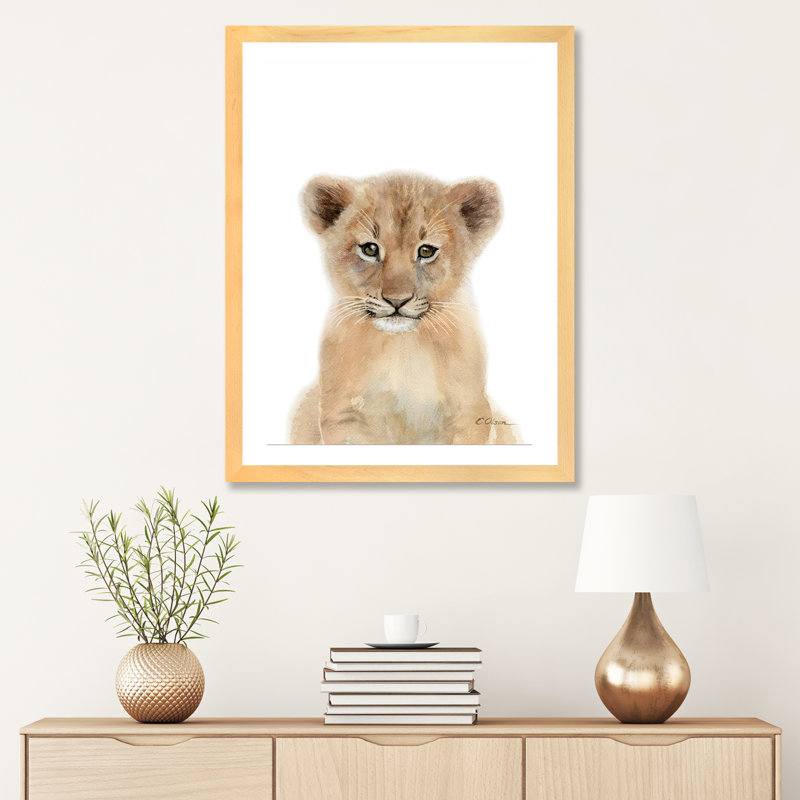 Bébé lionceau - reproduction d'art, Papier encadré de bois naturel, Blanc, H 32 po x l 24 po x P 1 po