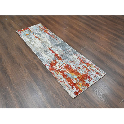 Tapis de couloir oriental orange brûlé 2 pi 6 po x 7 pi 10 po avec motif abstrait mosaïque en laine et soie noué à la main