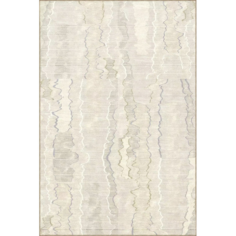 Cream Broken Lined Patterned Decorative Machine Washable Rug, Rectangle 2'6" x 4'11" Rug Pad Included