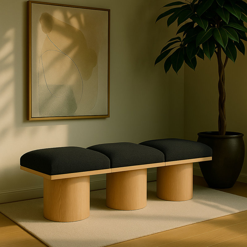 Banc rembourré Husnan, H 17,5 po x l 54 po x P 15,5 po, Naturel, Tissu bouclé noir