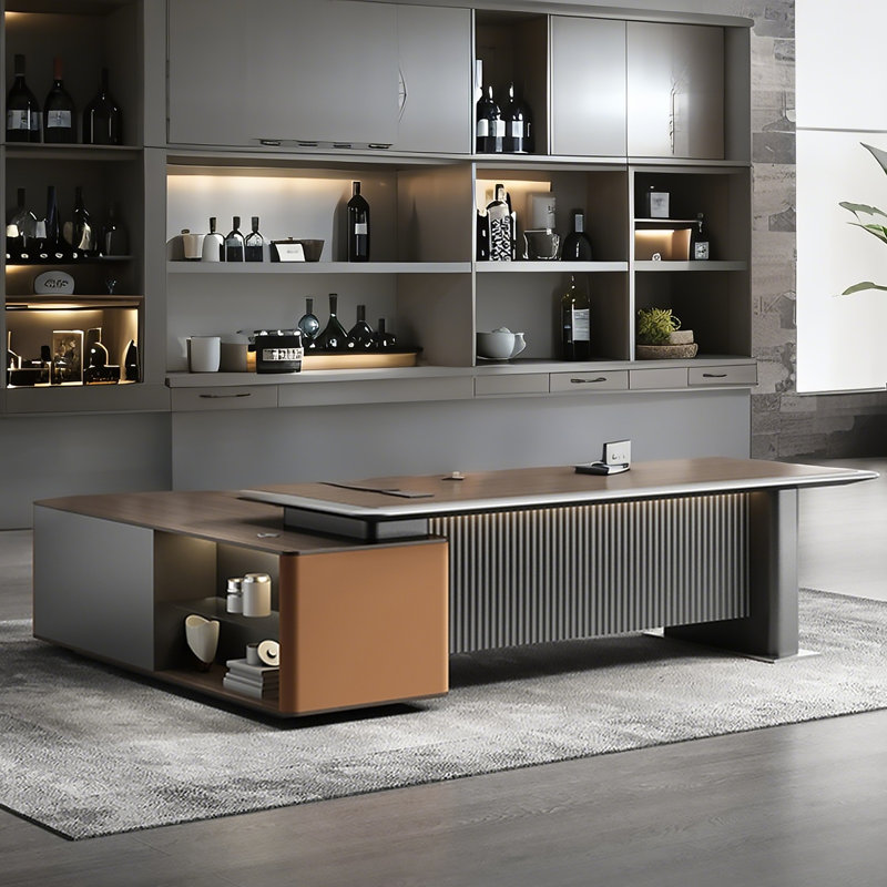 102.36"Modern Luxury Brown L-Shaped Solid Wood Office Desk, 29.53" H x 102.36" W x 78.74" D
