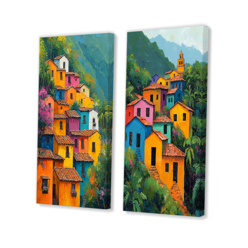 Ensemble de 2 pièces d'art mural orange et vert à El Salvador III - El Salvador, H 28 po x l 24 po, Toile tendue