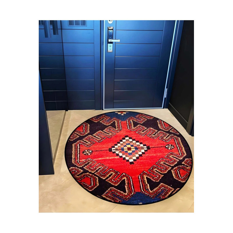 Navy Blue And Red Themed Traditional Motif Patterned Round Woven Base Vintage Decorative Carpet, Round 3'4"