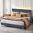 Corduroy Upholstered Platform Bed with Channel-Tufted Headboard, Modern Queen Bed Frame with Soft Padded Edges and Ambient LED-741353280-746432540