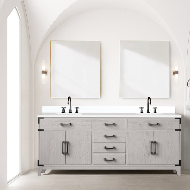 Meuble-lavabo double en bois massif 80 po, comptoir en quartz blanc, comptoir intégré X 22, bois, boîte