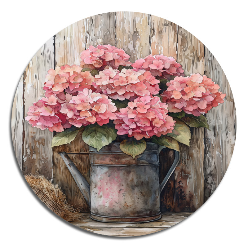 «Rustic Hydrangea Bouquet At The Barn I», reproduction d'art en métal rose traditionnel, H 16 po x l 16 po