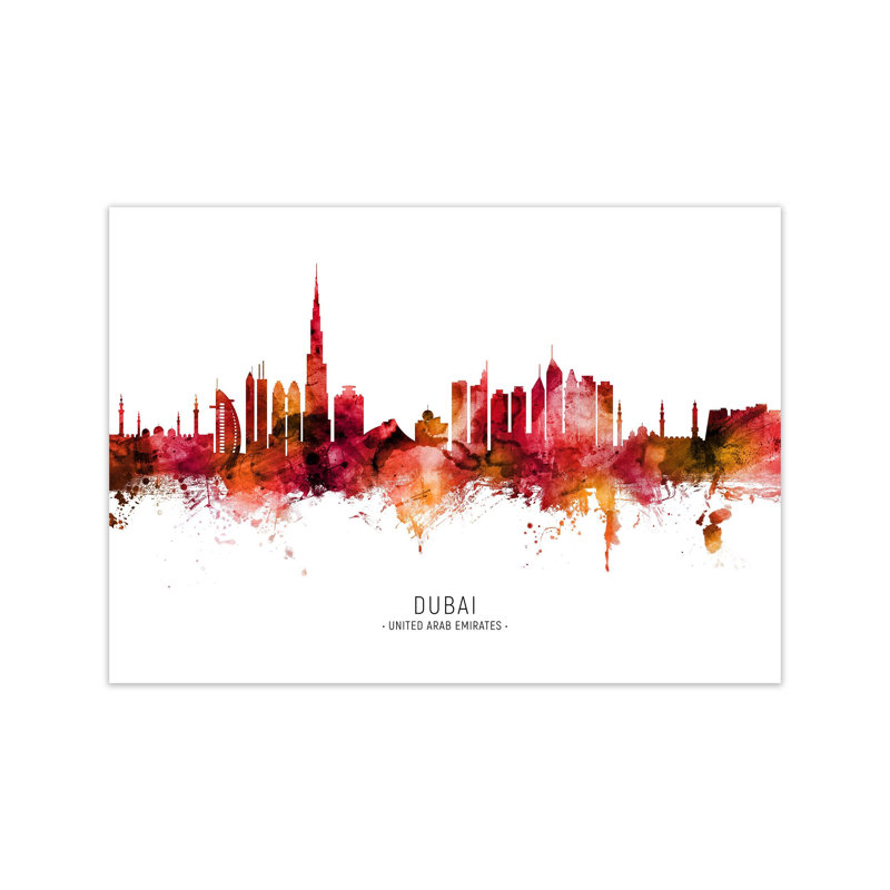 Dubai United Arab Emirates Skyline Red City Name by Michael Tompsett - Print, Unframed, 42cm H x 59cm W x 1cm D