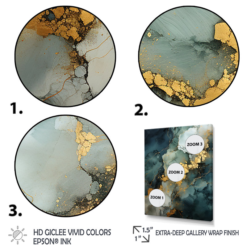 Or et vert motif de marbre abstrait I - décoration murale en marbre, Cadre doré simple, H 40 po x l 30 po x P 1,5 po