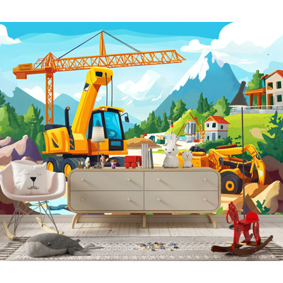 Papier peint de véhicules de construction - grue, bulldozer et camions de style dessin animé pour une chambre de garçon ou une salle de jeu, art mural de chantier coloré
