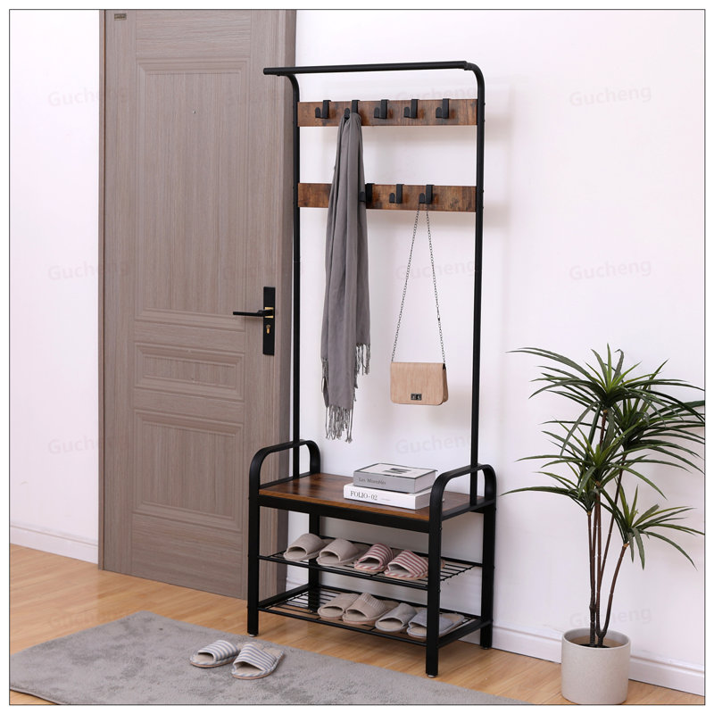 Arbre d'entrée 4-en-1 avec banc à chaussures, portemanteau et tringle à suspension, brun rustique, maximise l'espace d'entrée