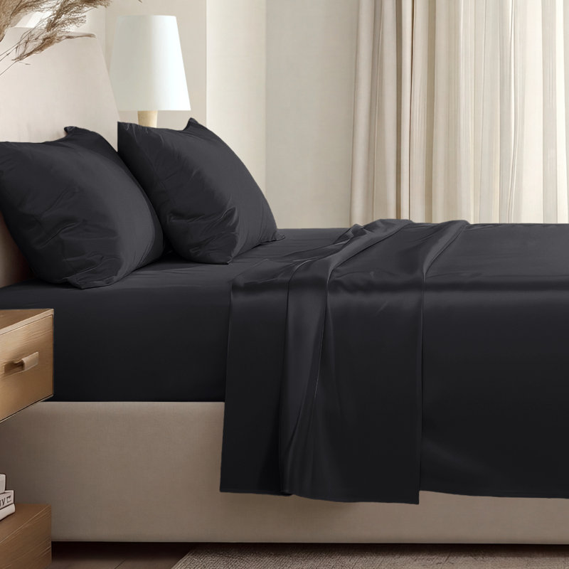 400 Thread Count Sateen Sheet Set, Split Head Flex King Sheet Set with 2 Pillowcases, Black