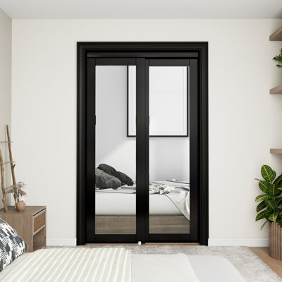 48"x80" Black Sliding Closet Door with Full Body Mirror Complete Hardware Kit Included, Assembled and Ready to Use