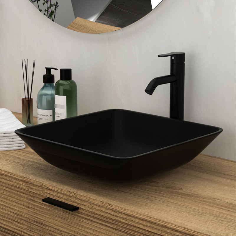Modern Matte Black Bathroom Sink - Tempered Glass Vessel And Faucet With Drain Cool Pop-Up