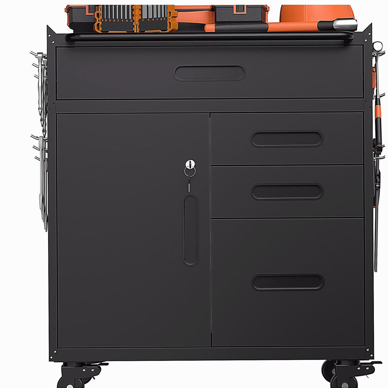 Armoire de rangement pour outils 34,3 po - Organisateur de garage avec compartiment verrouillable et 4 tiroirs, coffre en acier pour atelier et garage