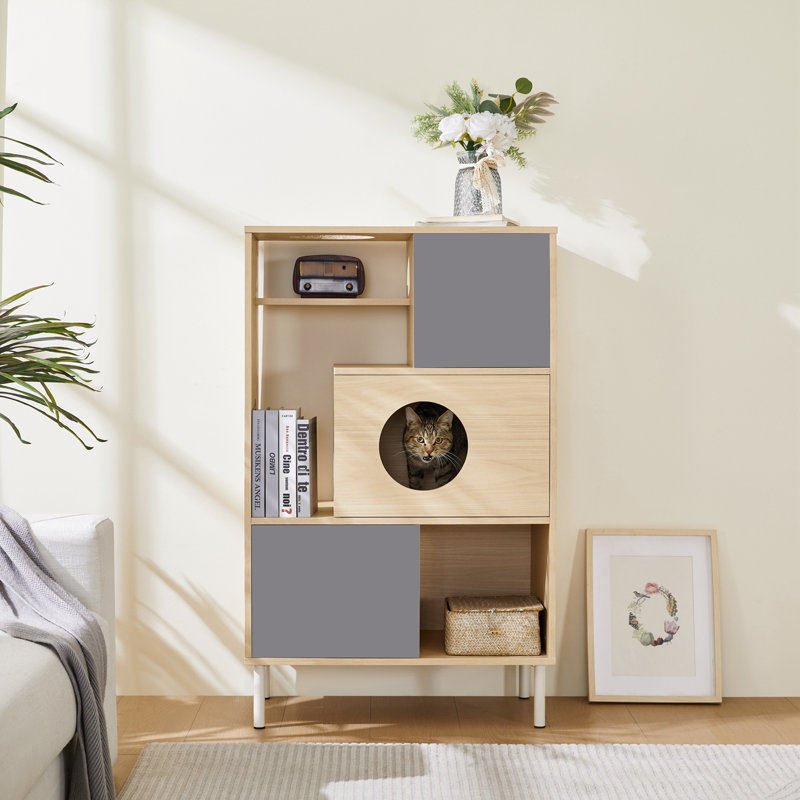 Boîte à litière pour chat avec tablettes de rangement ouvertes