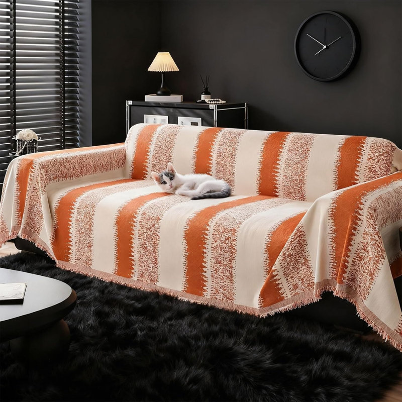 Chenille Box Cushion Sofa Slipcover, Orange Striped