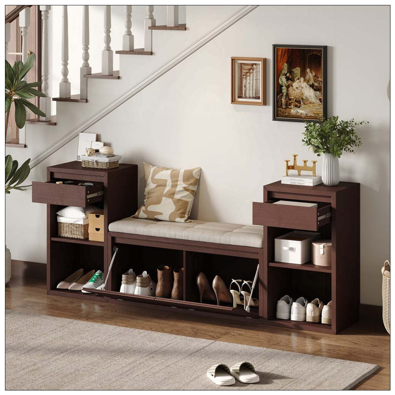 Banc de rangement tout-en-un avec coussin, compartiments, tiroirs et tablettes ouvertes, banc de rangement, Espresso