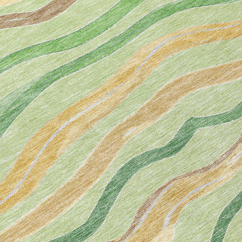 Green and Beige Synthetic Stripe Washable Indoor/Outdoor Rug