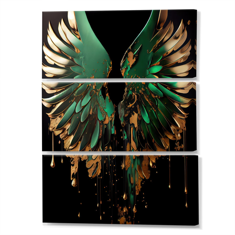 «Eleya Green and Gold Angel Wings II» sur toile, reproduction de 3 pièces