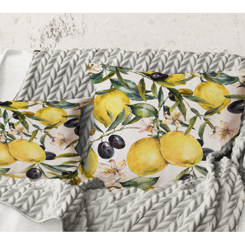 Carré, citron et branches olive I - Coussin décoratif à imprimé tropical, 18" x 18"