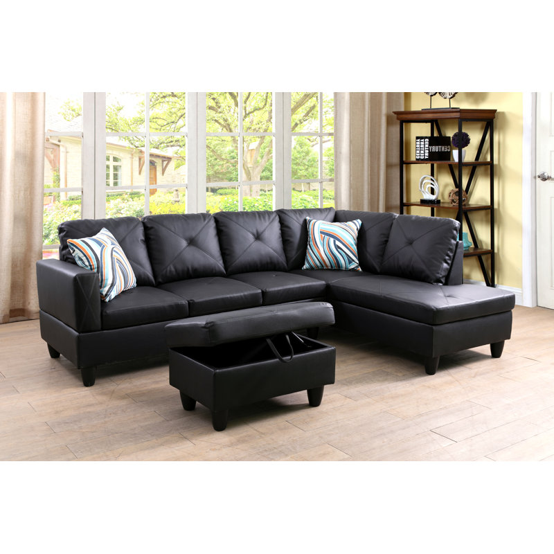 97" Wide Faux Leather Right Hand Facing Sofa & Chaise with Ottoman, Black Faux Leather