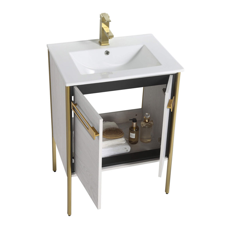 24" Single Bathroom Vanity, Satin Brass, Mild Gray Oak
