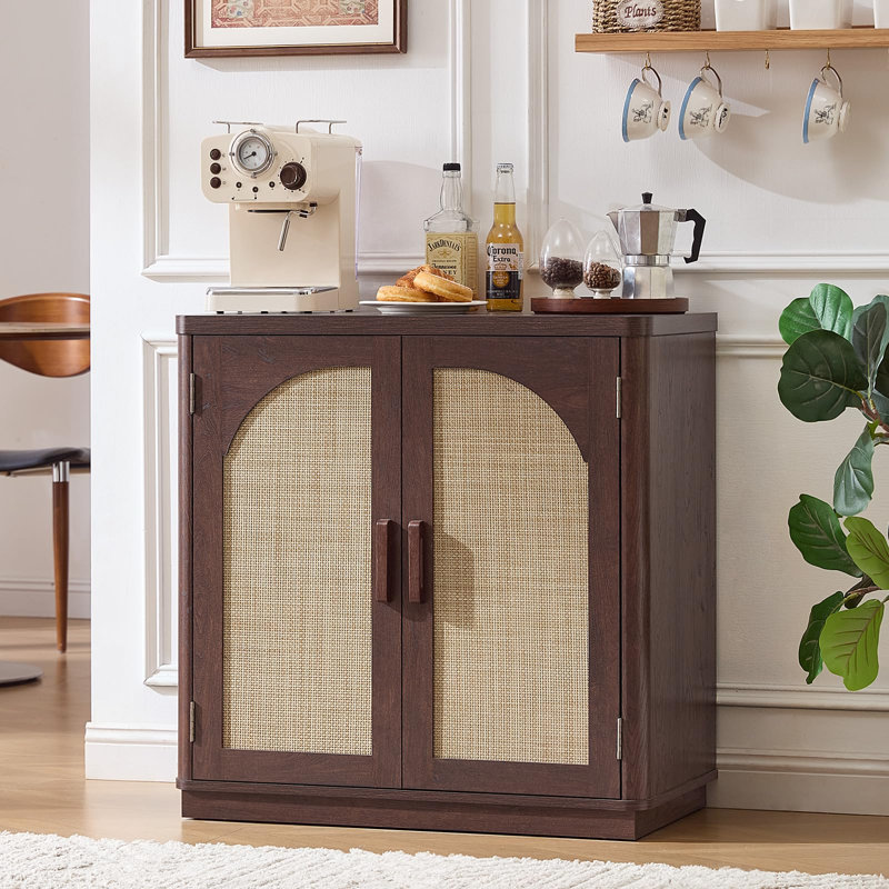 Rattan Sideboard Buffet Cabinet with Storage, 31.5" Coffee Bar Cabinet with Arch Doors & Adjustable Shelves, Wood Credenza, Boho Accent Cabinet for Kitchen, Living Room (Walnut)