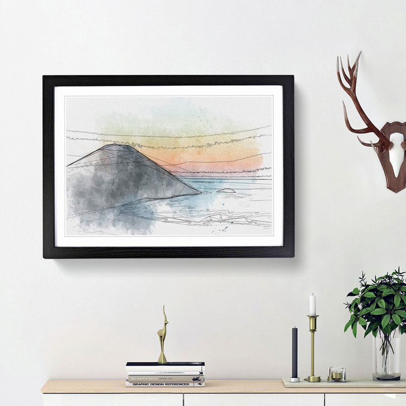 Mount Sumbing in Indonesia in Abstract - Picture Frame Drawing Print, 62cm H x 87cm W x 2cm D, Black Framed