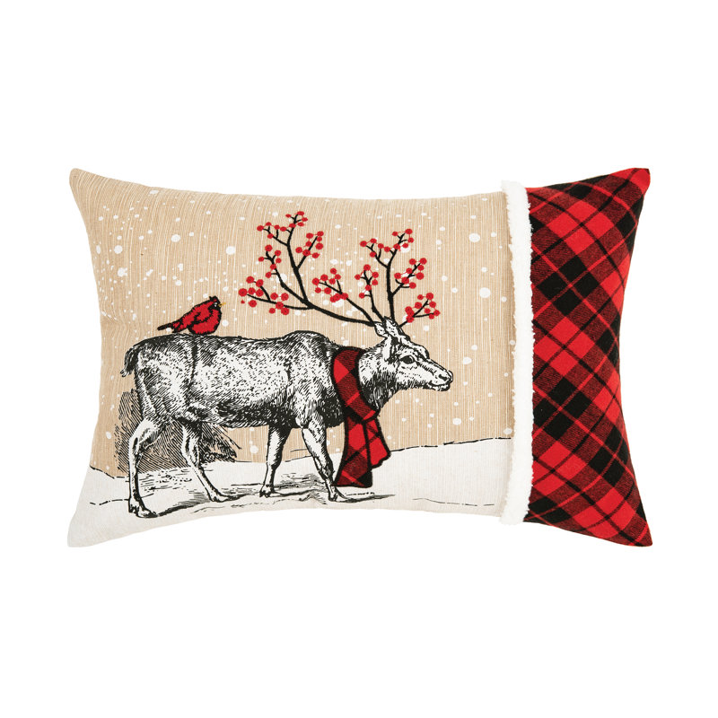 Christmas Deer Embroidered Beige and Red Throw Pillow
