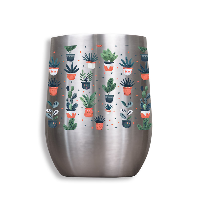 Motif de plante d'intérieur fantaisiste 11 oz. Verre à vin, Vert / argenté