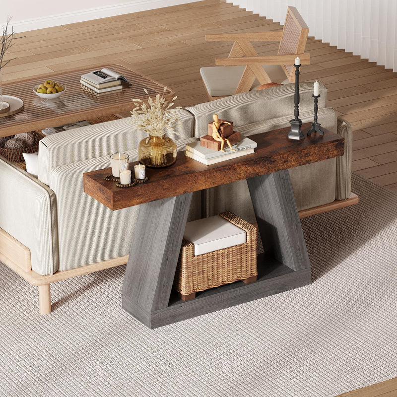 Farmhouse Console Table, 2-Tier Wooden Trapezium Sofa Table with Open Storage Shelf, Industrial Entryway Furniture for Entrance, Hallway, Living Room