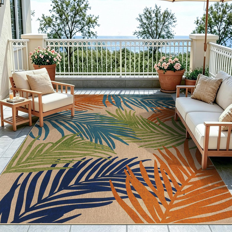 Tapis antidérapant à motif floral 152 x 213 cm (5 pi x 7 pi) pour intérieur/extérieur, Orange / Vert, Rectangle 5 pi x 7 pi