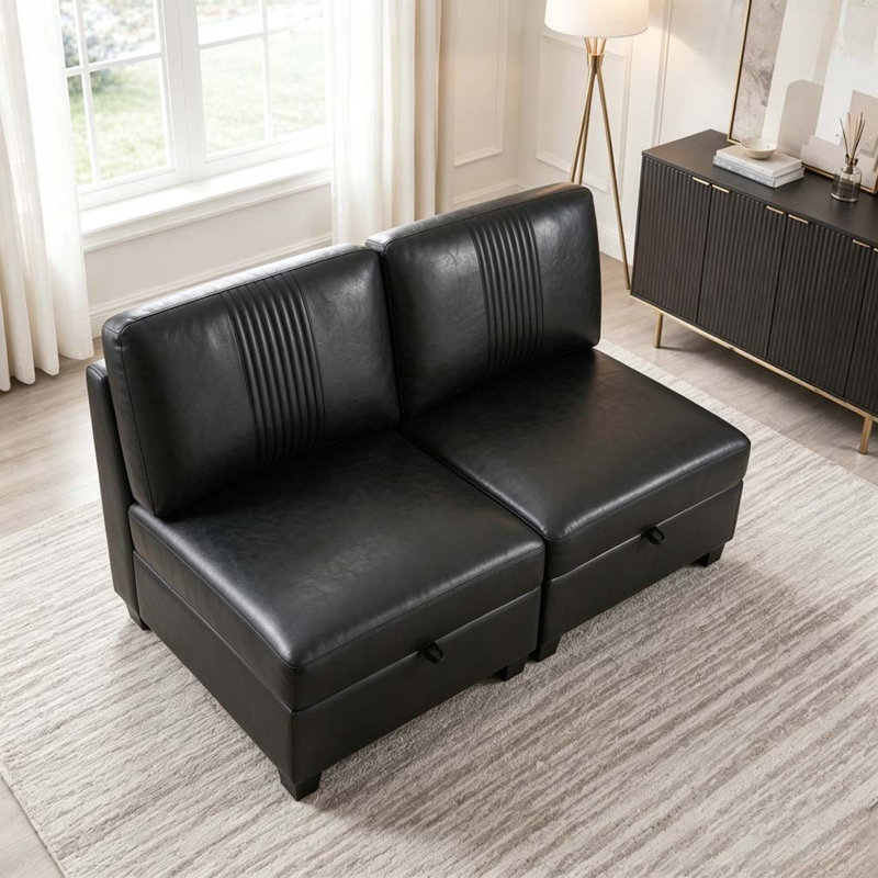 Canapé modulable en polyuréthane flexible, formes convertibles, rangement et canapé-lit, Black-2seats