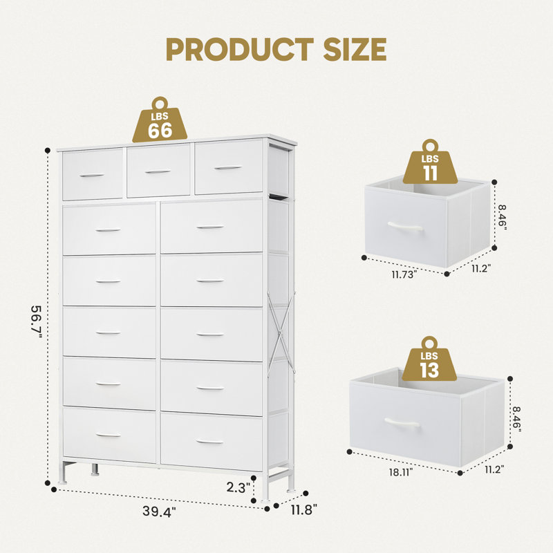  Tall 13 Drawer Fabric Dresser, Modern Storage Tower Unit, White