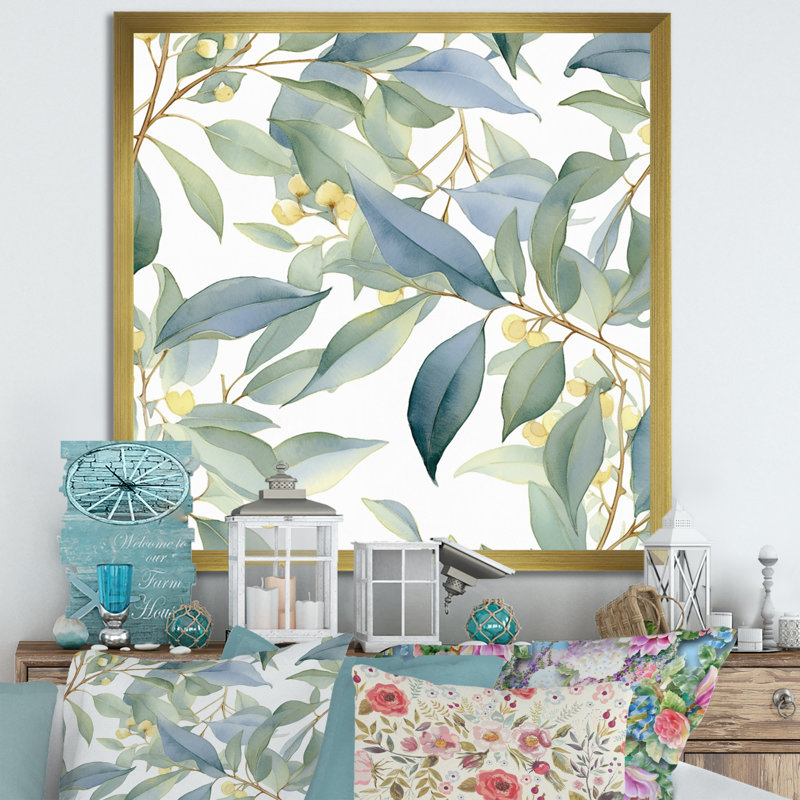 «White Green Minimalisme Eucalyptus Essence I» sur toile, H 36 po x l 36 po x P 1 po, Cadre doré à une seule photo