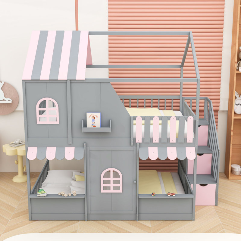 Lit superposé House avec escalier de rangement et tablettes, Gray/Pink