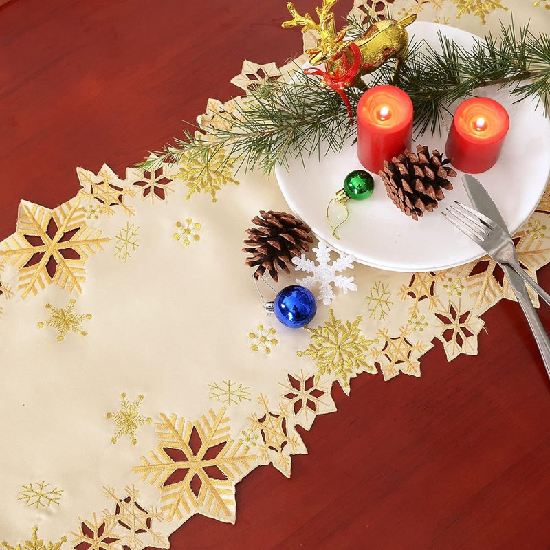Embroidered Gold Snowflakes Table Runners For Christmas Holiday And Winter (Gold, 14×69 Inches)
